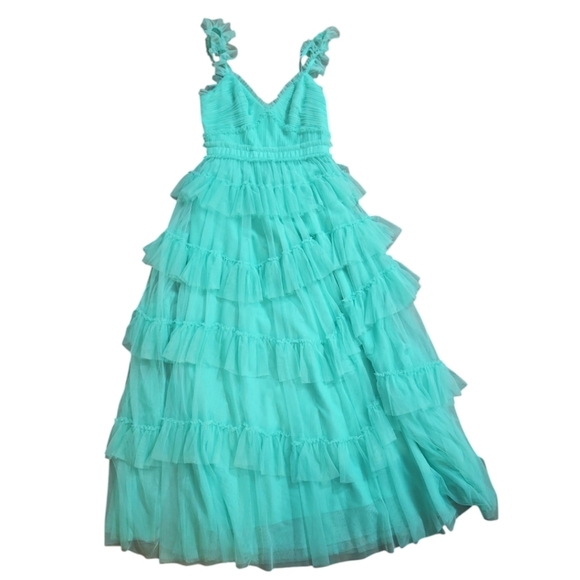 Betsy & Adam Maxi Dress Mesh Green New Sweetheart Neckline Ruffle Tier Sz 10 - Picture 6 of 10